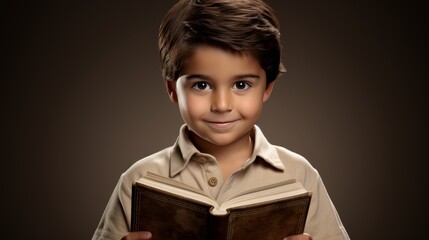 Thoughtful student holding textbook and backpack, isolated on beige backgroundeducation concept.