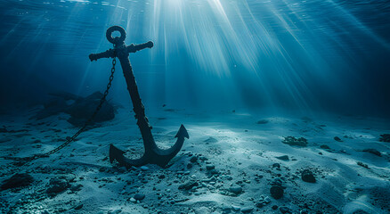 Sunlight illuminates an anchor on the ocean floor of the deep sea.
