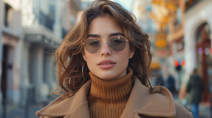 Outdoor autumn portrait of young elegant fashionable woman wearing trendy sunglasses, camel color coat, turtleneck, with textured leather shoulder bag, walking in street of European city