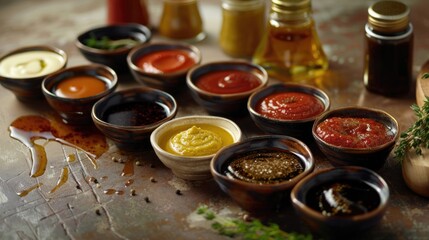 Fototapeta premium Sauces and condiments on table
