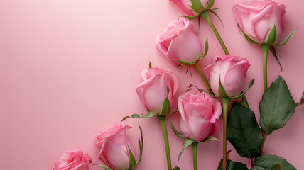 Pink roses with green leaves on a pink background. Empty place for the text. Generated AI