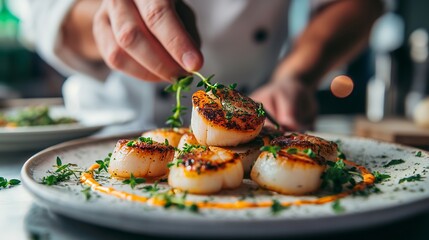 Chef garnishing seared scallops with fresh herbs on a gourmet plate in a restaurant kitchen.