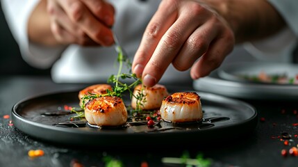 Chef carefully garnishes seared scallops with fresh herbs in a gourmet restaurant kitchen.