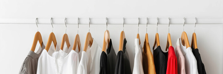 Banner the concept of minimalist fashion clothes. Women's blouses and t-shirts on a hanger on a white background with copy space. Fashion blog, website, social media post.