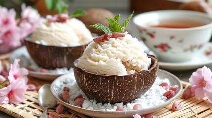   A close-up of an ice cream bowl on a plate with tea and flowers in the background is optimized as Ice Cream Bowl Close-Up with Tea and Flowers
