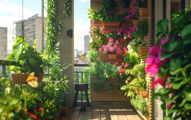 Fototapeta premium A rewilded balcony with a variety of potted plants, hanging gardens, and a small water feature; butterflies and birds visiting, creating a vibrant ecosystem 
