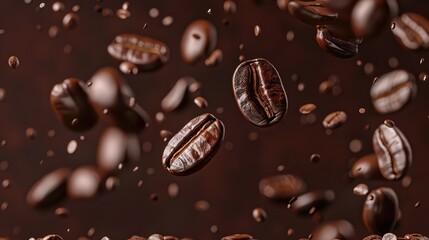 Dark-brown roasted coffee beans in freeze flying in air against dark brown background