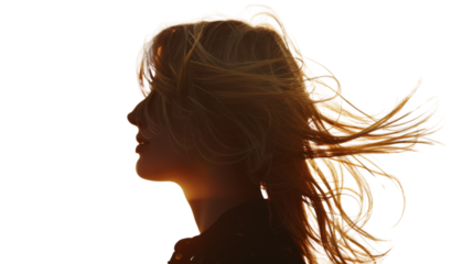 A silhouette of a blonde woman standing against a sunset, hair on wind, summer, on transparent background