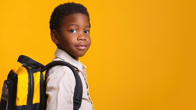 A cheerful smiling black little boy with a backpack is having fun on the background of a yellow wall and points to your text. The concept of the school. back to school.