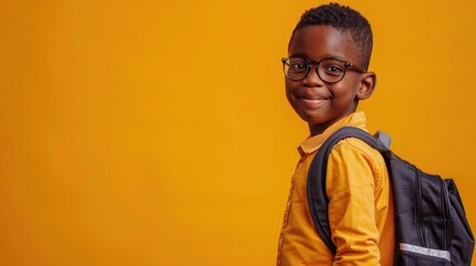 Fototapeta premium A cheerful smiling black little boy with a backpack is having fun on the background of a yellow wall and points to your text. The concept of the school. back to school.