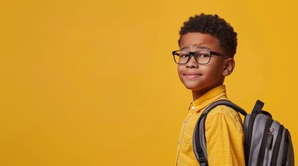 Obraz premium A cheerful smiling black little boy with a backpack is having fun on the background of a yellow wall and points to your text. The concept of the school. back to school.