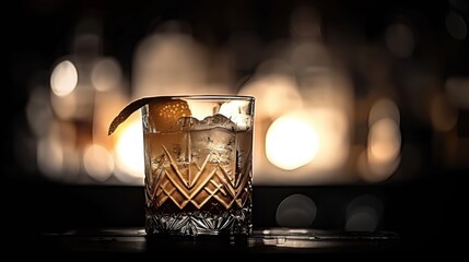 A cinematically lit old-fashioned cocktail, garnished with an orange twist, sits elegantly on a dark surface with a blurred, warm-lit background.