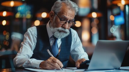 An elderly man with glasses, a white beard, and a mustache is sitting at a desk, working on documents with a pen. He is using a laptop in a well-lit, professional setting.