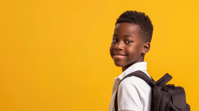 A cheerful smiling black little boy with a backpack is having fun on the background of a yellow wall and points to your text. The concept of the school. back to school.