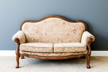 A vintage beige upholstered sofa with a wooden frame is placed against a muted blue wall on a light carpet.