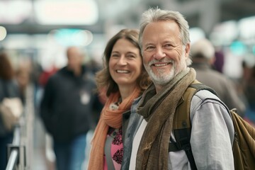 Obraz premium An elderly couple smiling at the camera in a busy airport terminal, ready for a travel adventure.
