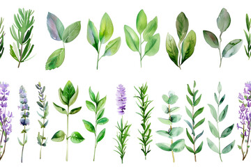 set watercolor arrangements with garden herbs seamless border collection leaves branches botanic illustration isolated on white background