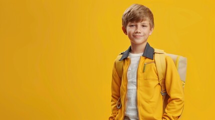 A cheerful smiling caucasian young schoolboy with a backpack is having fun on the background of a yellow wall and points to your text. The concept of the school. back to school.