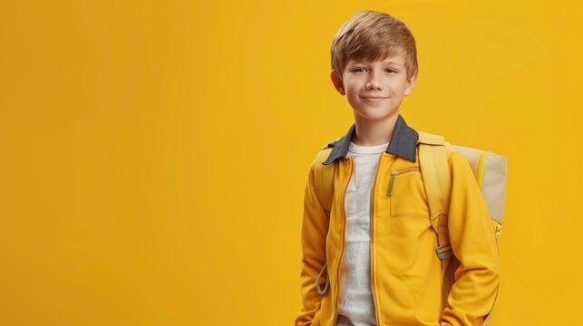 A cheerful smiling caucasian young schoolboy with a backpack is having fun on the background of a yellow wall and points to your text. The concept of the school. back to school.