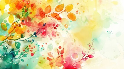 This image features a seamless watercolor design with vibrant flowers and leaves in a rainbow of colors, creating a dynamic, whimsical, and colorful pattern.