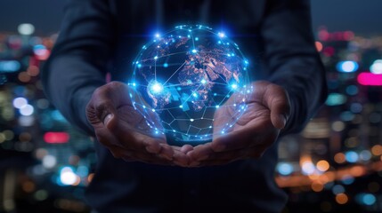 Fototapeta premium A pair of hands holds a transparent digital globe with glowing connections, symbolizing global connectivity and technology against a blurred cityscape background.