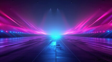 A futuristic stage show setup with neon lights in pink and blue colors, showcasing an empty room with a spotlight and reflective floor.