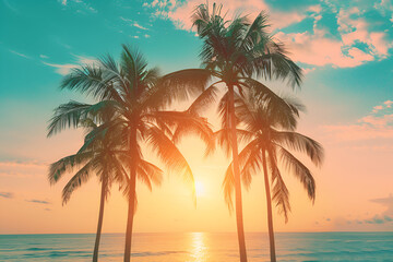 summer beach background palm trees against blue sky banner panorama travel destination tropical beach background with palm trees silhouette at sunset vintage effect meditation peaceful nature view
