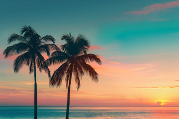 summer beach background palm trees against blue sky banner panorama travel destination tropical beach background with palm trees silhouette at sunset vintage effect meditation peaceful nature view