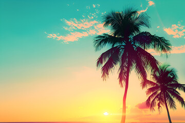 summer beach background palm trees against blue sky banner panorama travel destination tropical beach background with palm trees silhouette at sunset vintage effect meditation peaceful nature view