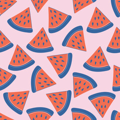 Seamless pattern with watermelon slices. Retro style Fruits background. Flat style vector illustration.