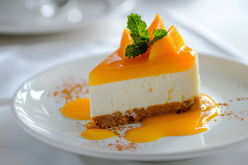 Tasty dessert of cheesecake piece with mango jelly cream on white plate.