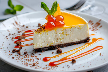 Tasty dessert of cheesecake piece with mango jelly cream on white plate.