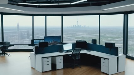 An elegant and minimalist co-working office interior, emphasizing an open-plan design with long communal tables and ergonomic chairs.