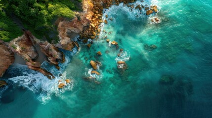 Aerial view of turquoise waves crashing against rugged rocks and a lush, green coastline, creating a stunning coastal landscape.
