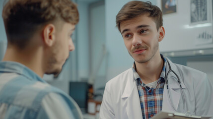 Fototapeta premium Young patient in medical office listen to a friendly doctor holding report file with appointment and giving consultation during medical examination in the clinic