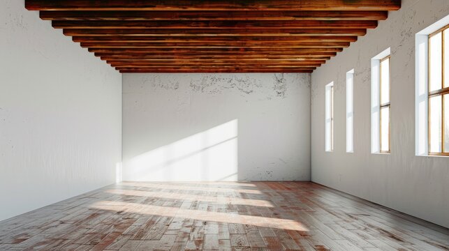 Empty white room with wooden ceiling unoccupied