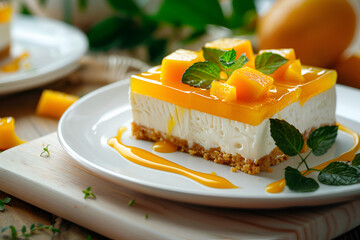 Tasty dessert of cheesecake piece with mango jelly cream on white plate.