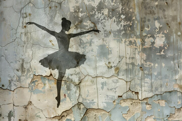 textured shabby and cracked wall on which a silhouette of a ballerina with watercolor elements is drawn photo wallpaper