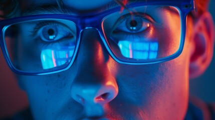 The light from computers reflects off of spectacles. Working late at night on a laptop is coder, or programmer. pensive, concentrated man in the dark.