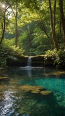 Waterfall cascades gently into crystal-clear pool surrounded by lush greenery. Tall trees with vibrant green leaves create canopy, allowing sunlight to filter through, illuminate scene.