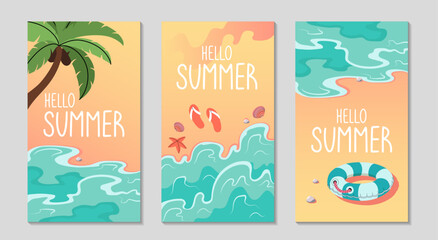 Summer long background set. Ocean waves and palm trees. Tropical vacation. Hello summer lettering. Beach holiday elements and activities. For Social media long post. Vector flat illustration.