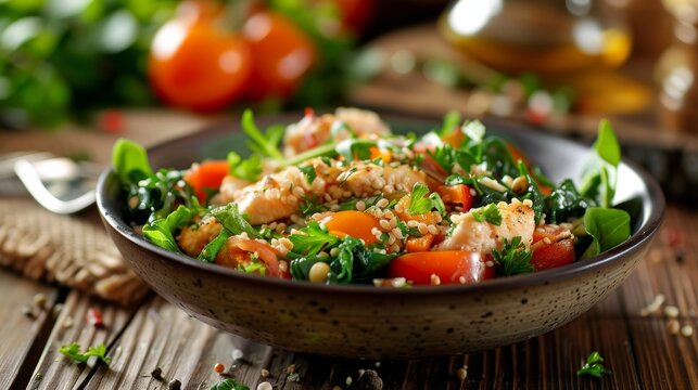 A bowl of quinoa salad with tomatoes, kale, and salmon.