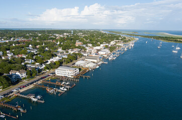 Aerial view of the waterfront and historic district of Beaufort, North Carolina, USA in later afternoon