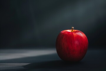 Close-up of big red apple in water drops on black background.