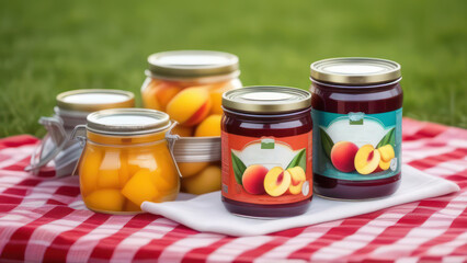 A vibrant and colorful display of canned fruits, such as peaches, cherries, and pineapples, in glass jars and metal cans.