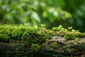 the forest's integrity and the national park. Lovely green moss on the ground, macro, close-up. Gorgeous moss backdrop illuminated by sunlight