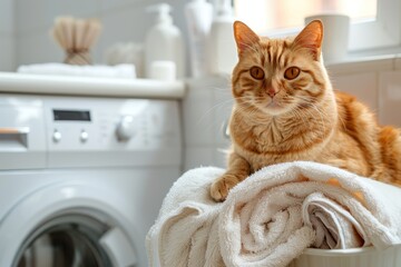 Adorable ginger tabby cat curled up on top of the washing machine in a close-up bathroom.