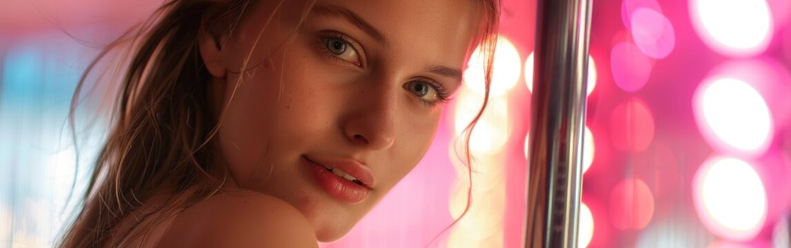 Young sexy girl in strip club luring visitors to the lap dance. striptease