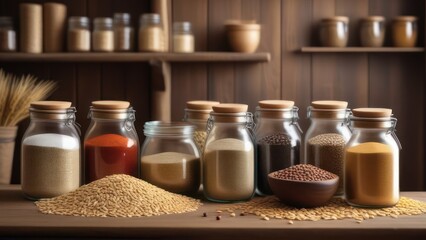A sleek, modern kitchen counter showcasing a variety of flours in transparent glass jars, each labeled with their type.