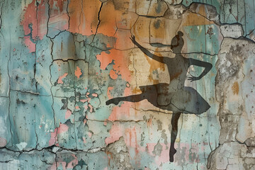 textured shabby and cracked wall on which a silhouette of a ballerina with watercolor elements is drawn photo wallpaper